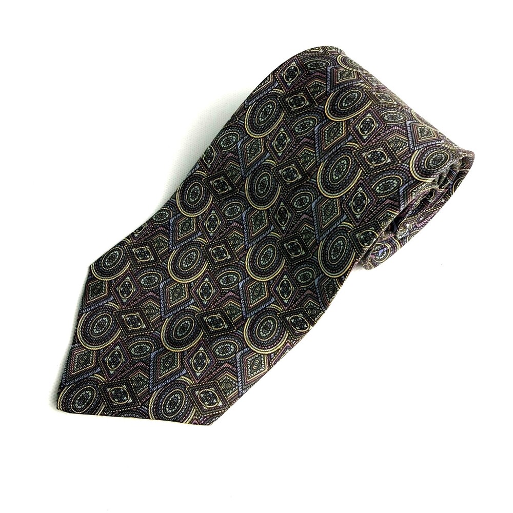 VTG Woodward’s Classic 100%Silk Tie Abstract Geometric Oval Diamond Green Purple